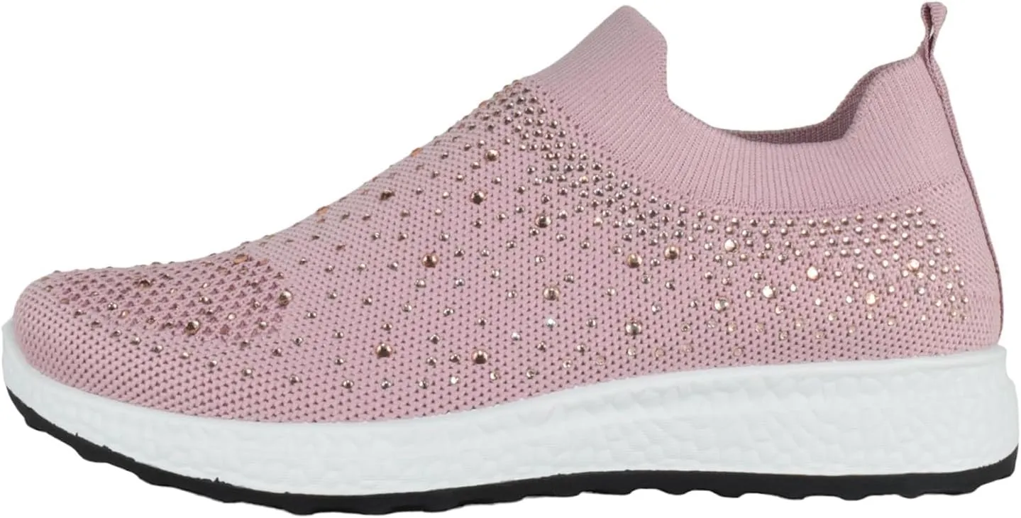 Flat Women Slip-On Sneakers Comfortable Sport Walking Running Shoes Rhinestone Bling Studs Elastic Breathable Knit Anti-Slip Resistant Labor-8