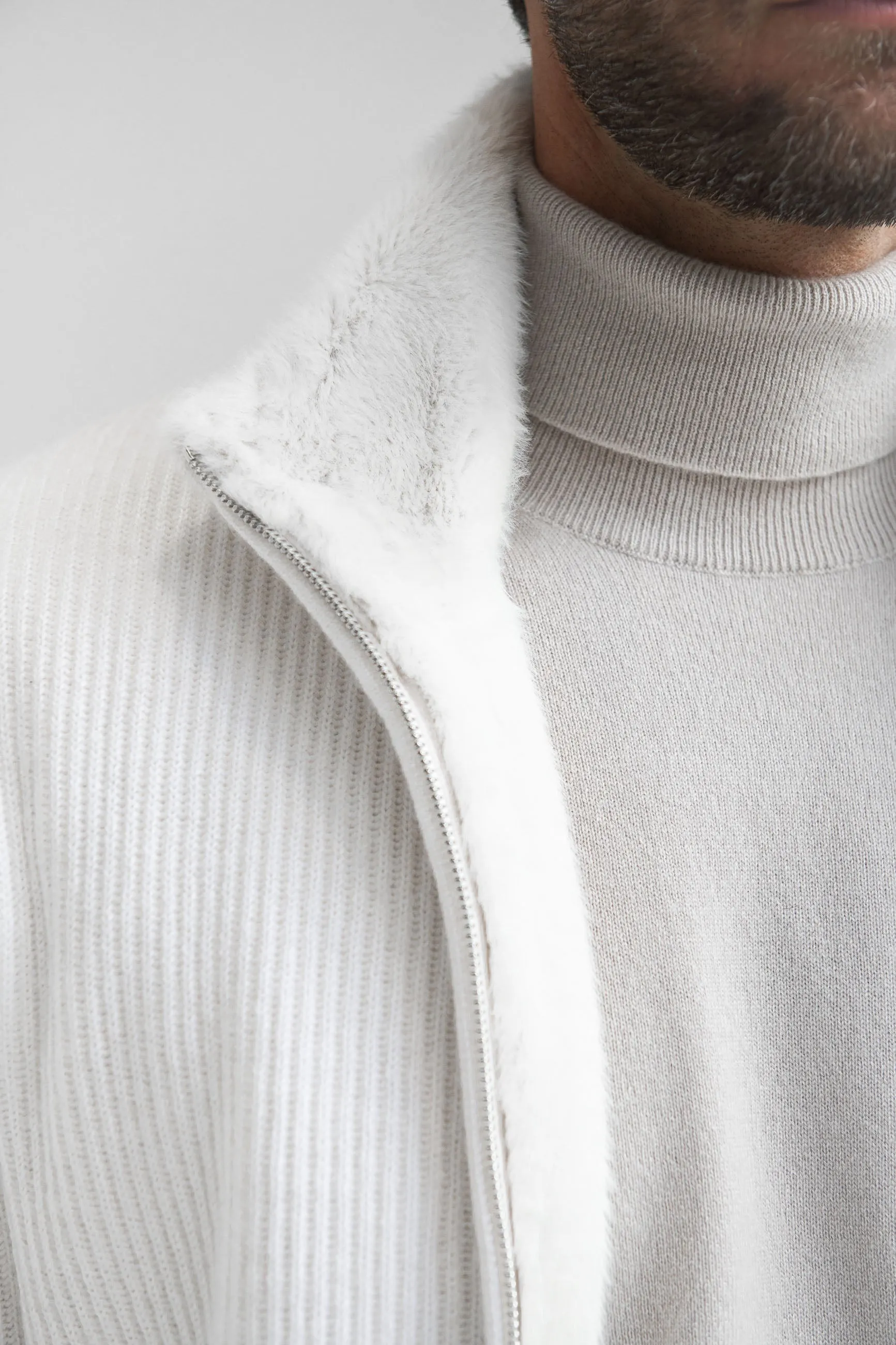 Off-white cashmere knitted bomber with fur - Made in Italy