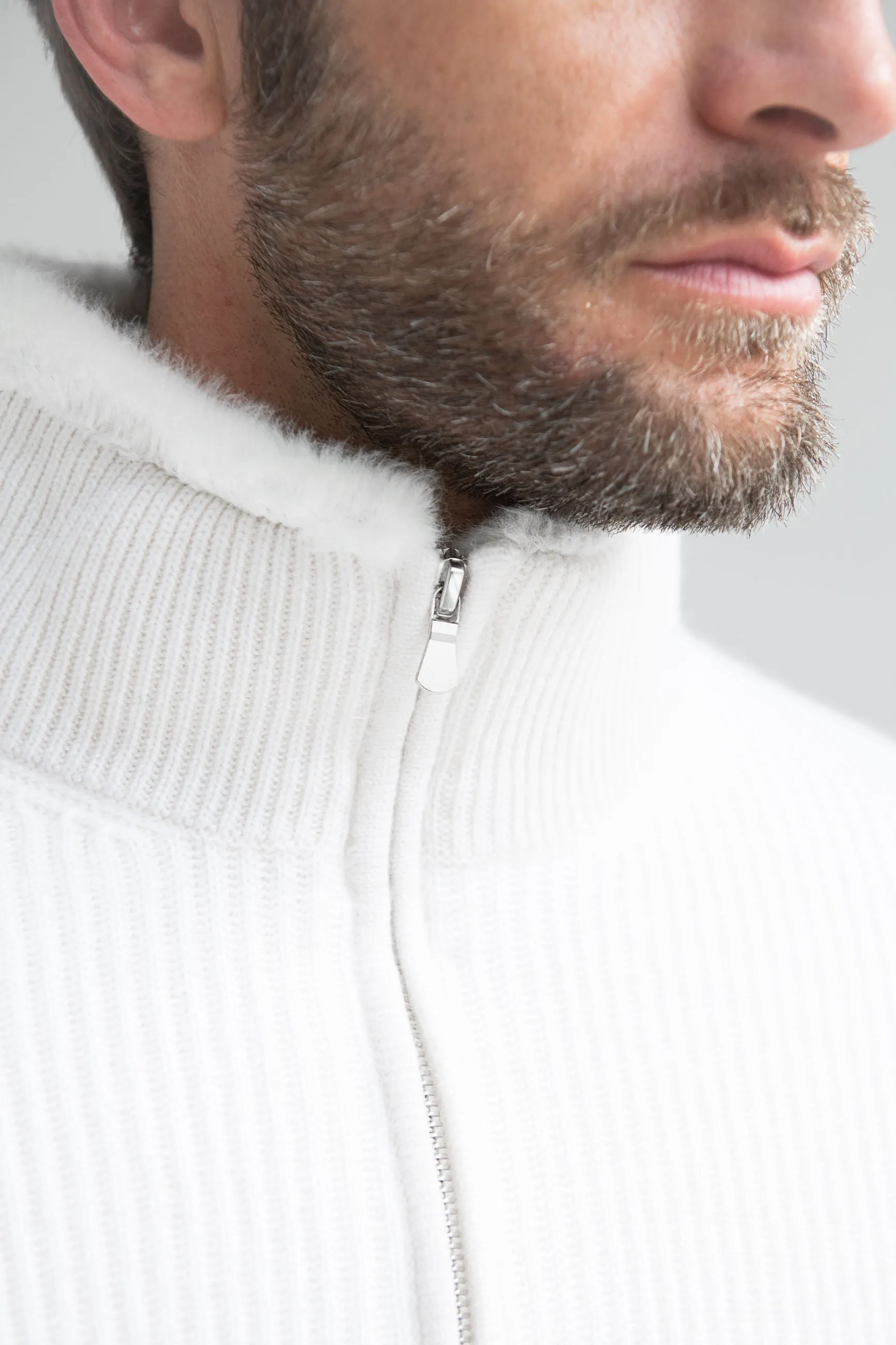 Off-white cashmere knitted bomber with fur - Made in Italy