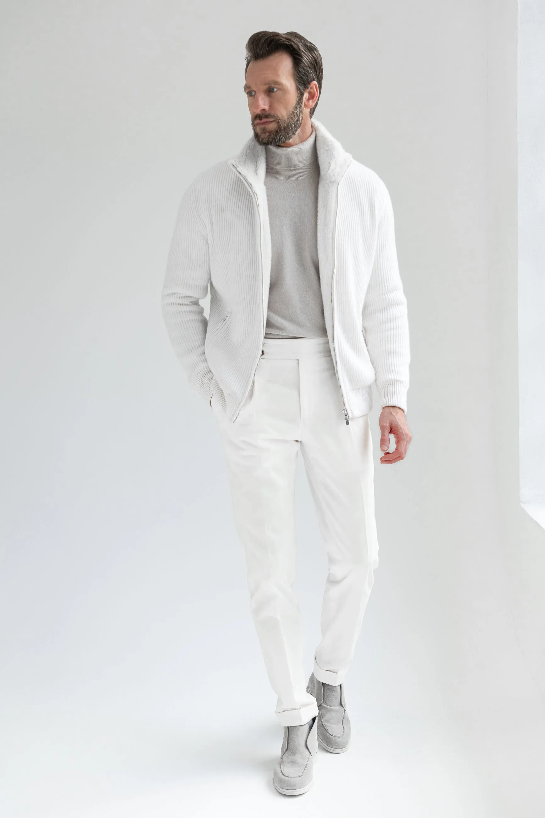 Off-white cashmere knitted bomber with fur - Made in Italy